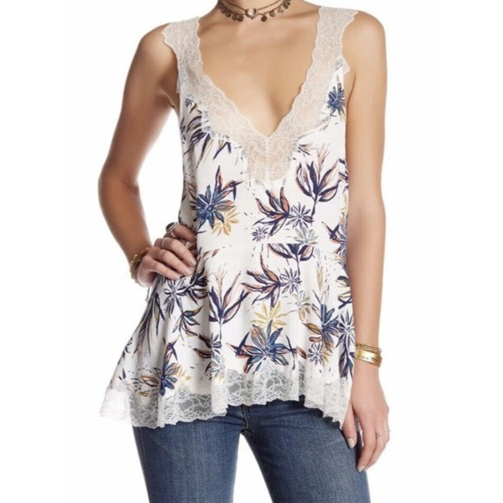 Free People Small Floral Lace Peplum Cami Women White Navy Boho Open Back Top
